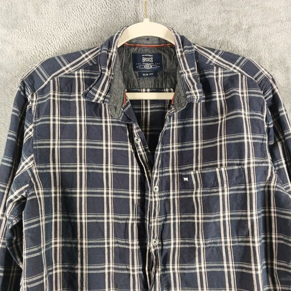 BASICS Men's Plaid Shirt (not flannel) Long Sleeve Navy Blue Size M Slim Fit - Picture 2 of 12